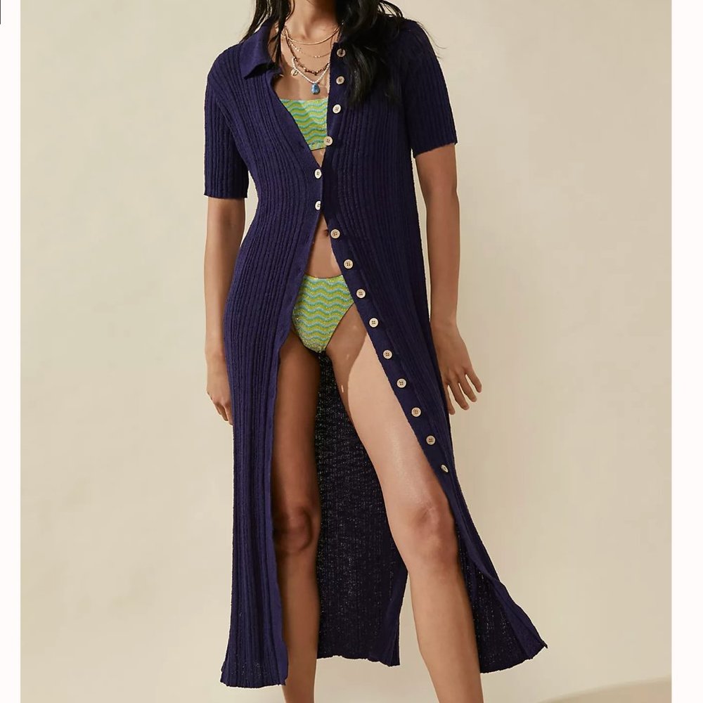 Free People Navy Ribbed Button-Down Midi Dress